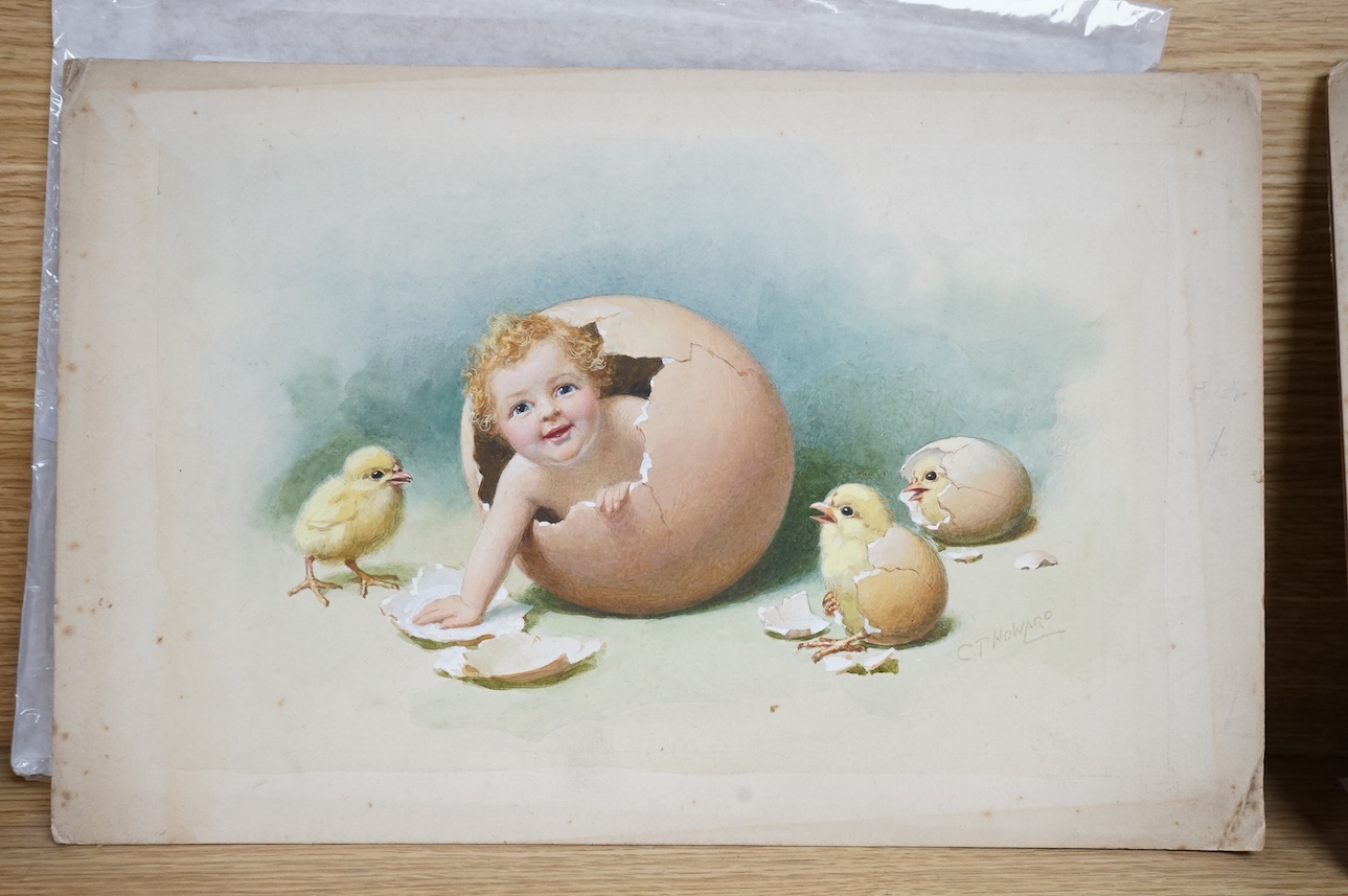 Charles Thomas Howard (1865-1942), set of eight original watercolours for Easter postcard designs, to include chicks, ducklings and rabbits, two signed, unframed, largest 22 x 33cm. Condition - fair